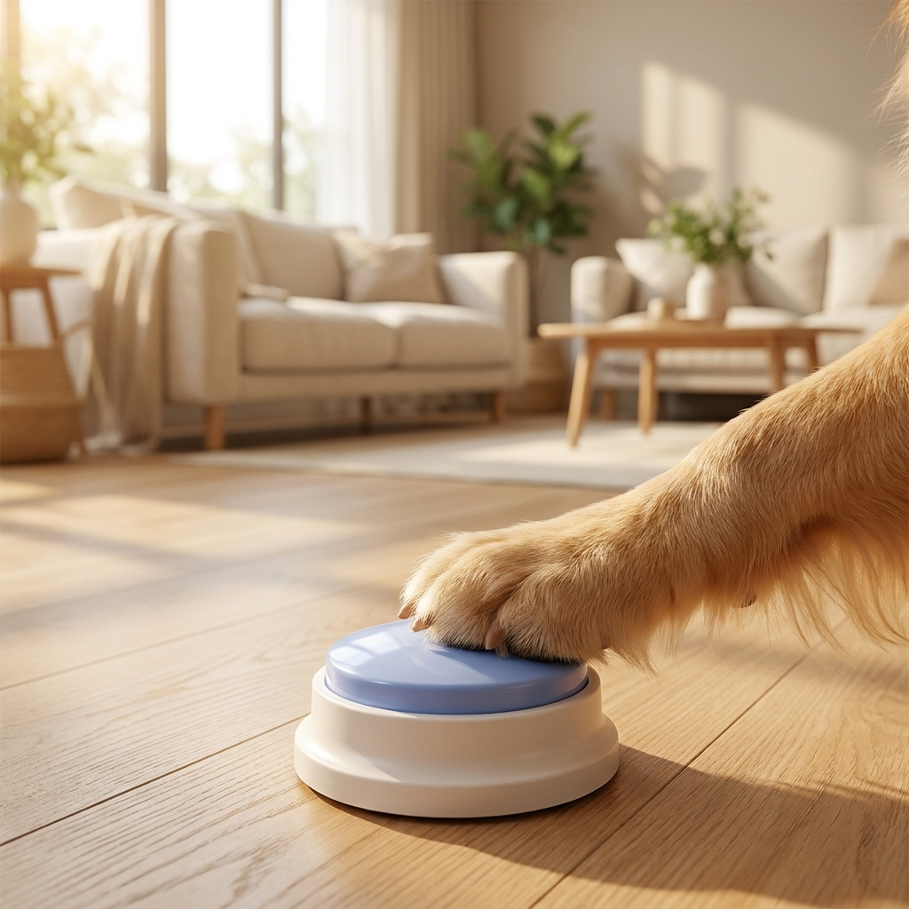 Dog paw pressing a single WordyPaws talking button at home